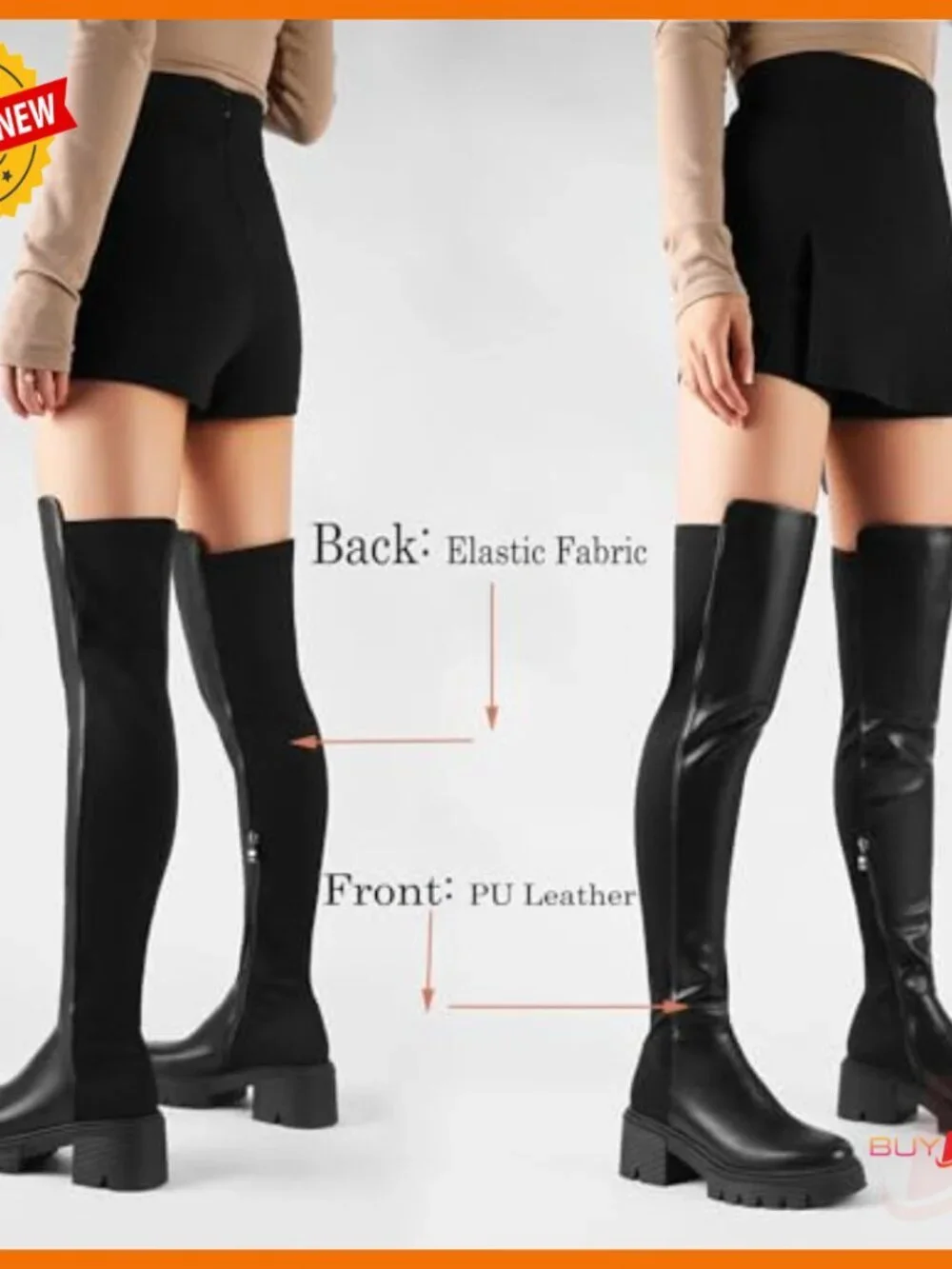 Thigh High Boots Suede Over Knee Platform Chunky Heel Stretch Zip